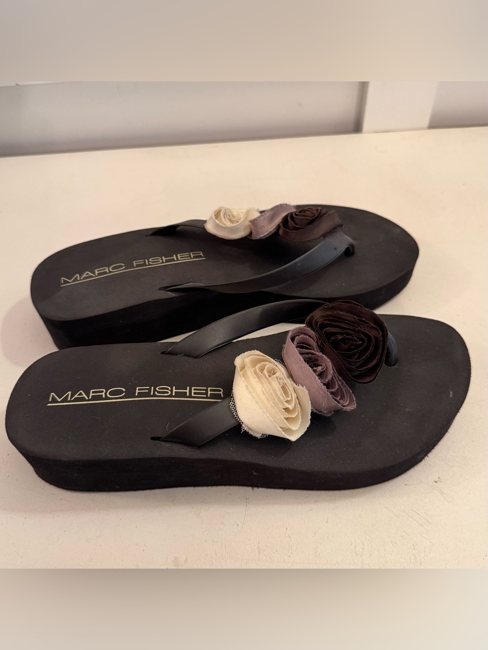 Marc Fisher Dark Brown Platform Flip Flops with Fabric Flowers